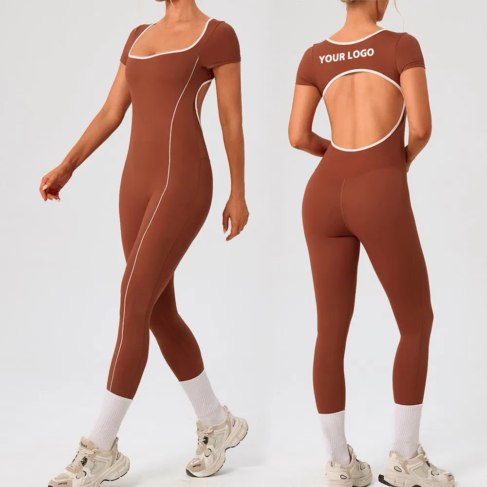 New American and European Style Backless Short Sleeve Pole Dance Yoga Unitard Square Neck Stretch Contrast Gym Workout Jumpsuit with Bra for Women