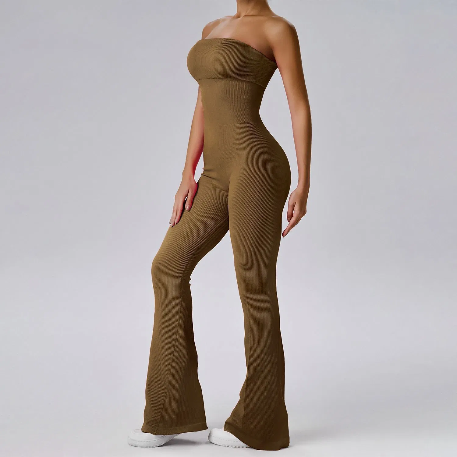 Women Solid Color Ribbed Thick Yoga Flare Bodysuit Lady Gym Overall Tube Top Female High Stretch Tight Sports Jumpsuit