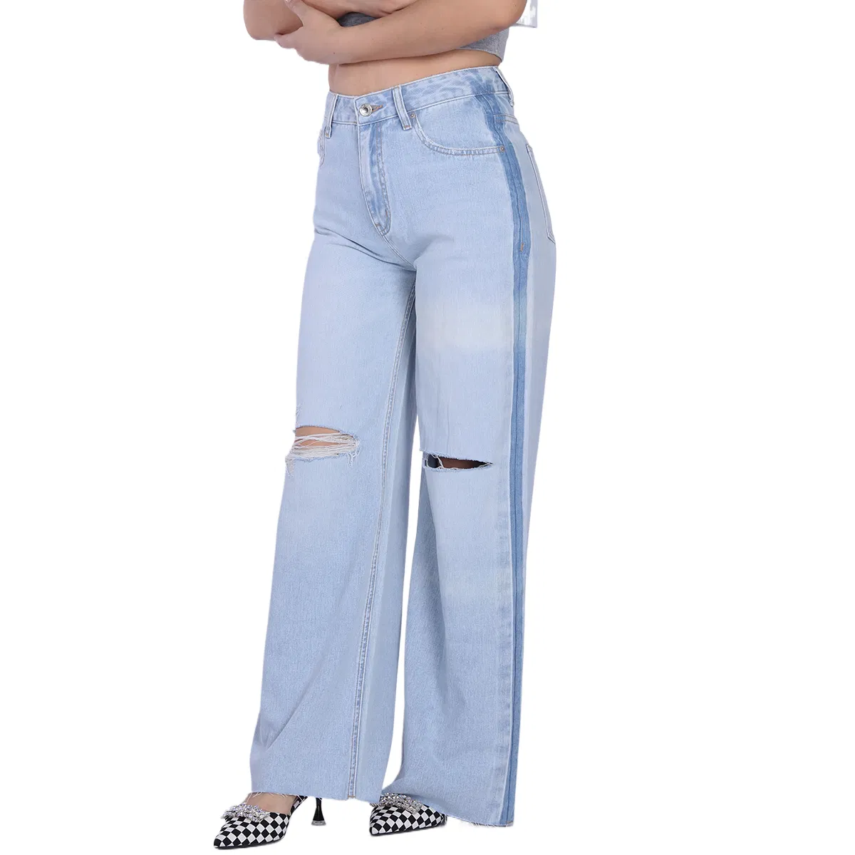 Custom Breathable Light Blue Straight Ripped Loose Raw Hem Mom Women Jeans