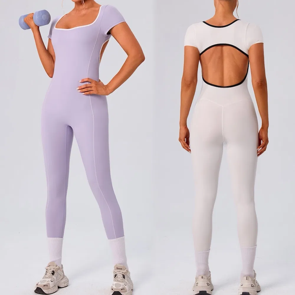 New American and European Style Backless Short Sleeve Pole Dance Yoga Unitard Square Neck Stretch Contrast Gym Workout Jumpsuit with Bra for Women