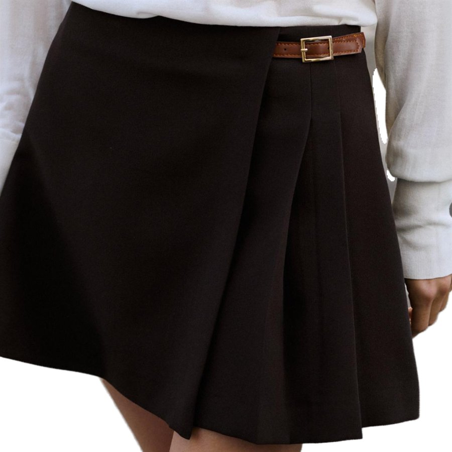 Women's Short Skirt Featuring Front Pleats Contrast Belt Loop Metal Buckle Invisible Back Zip Fastening Women Mini Skirt