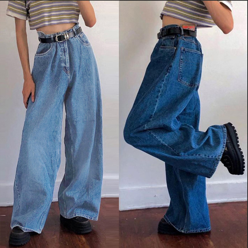 Straight Baggy Jeans Vintage Washed Heavyweight 100% Cotton Streetwear Wide Leg Pants for Women