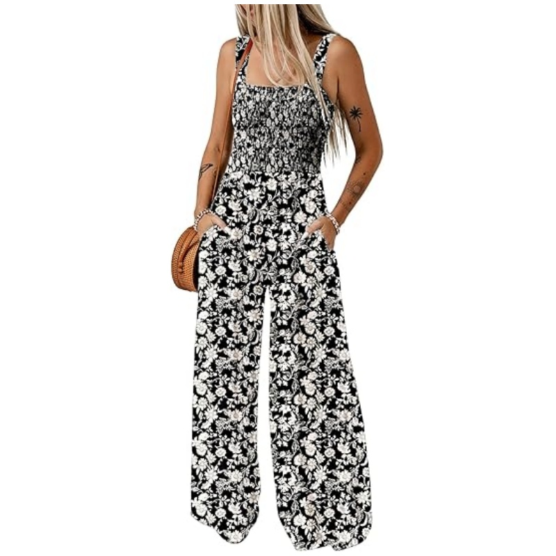 Women's Summer Floral Print Jumpsuit Sleeveless Spaghetti Strap Wide Leg Loose Casual Jumpsuit with Pockets