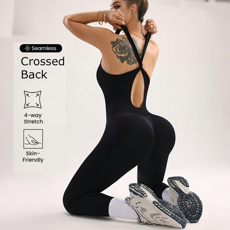 Wholesale Custom Women Fashion Sleeveless One Piece Workout Sport Breathable Gym Fitness Solid Control Yoga Jumpsuit