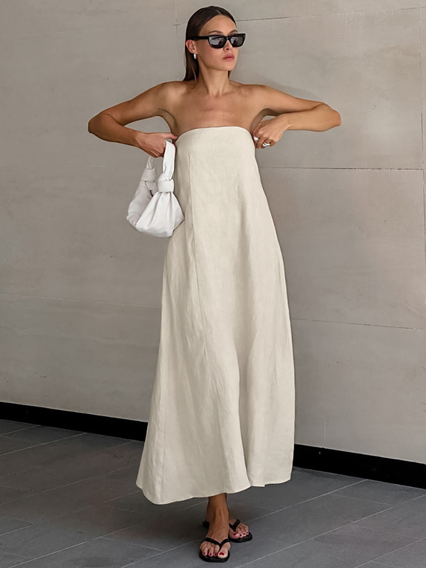 Women Cotton and Linen Strapless Vacation Style High Waist Casual Dress