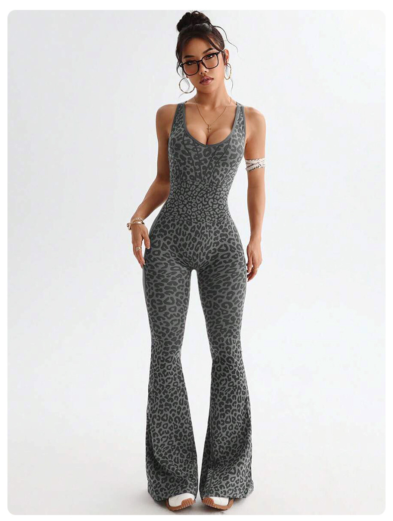 New Arrival Wholesale Fashion Leopard Print Jumpsuit High Quality Active Sports One Piece Pant Casual Wear for Woman