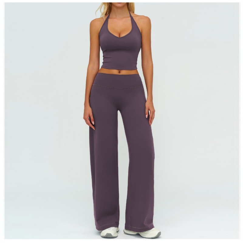 Women Yoga Vest Fitness V-Neck Halter Neck Fitted, Fashionable Sports Vest, Long Leg Wide Leg Pants Gym Set