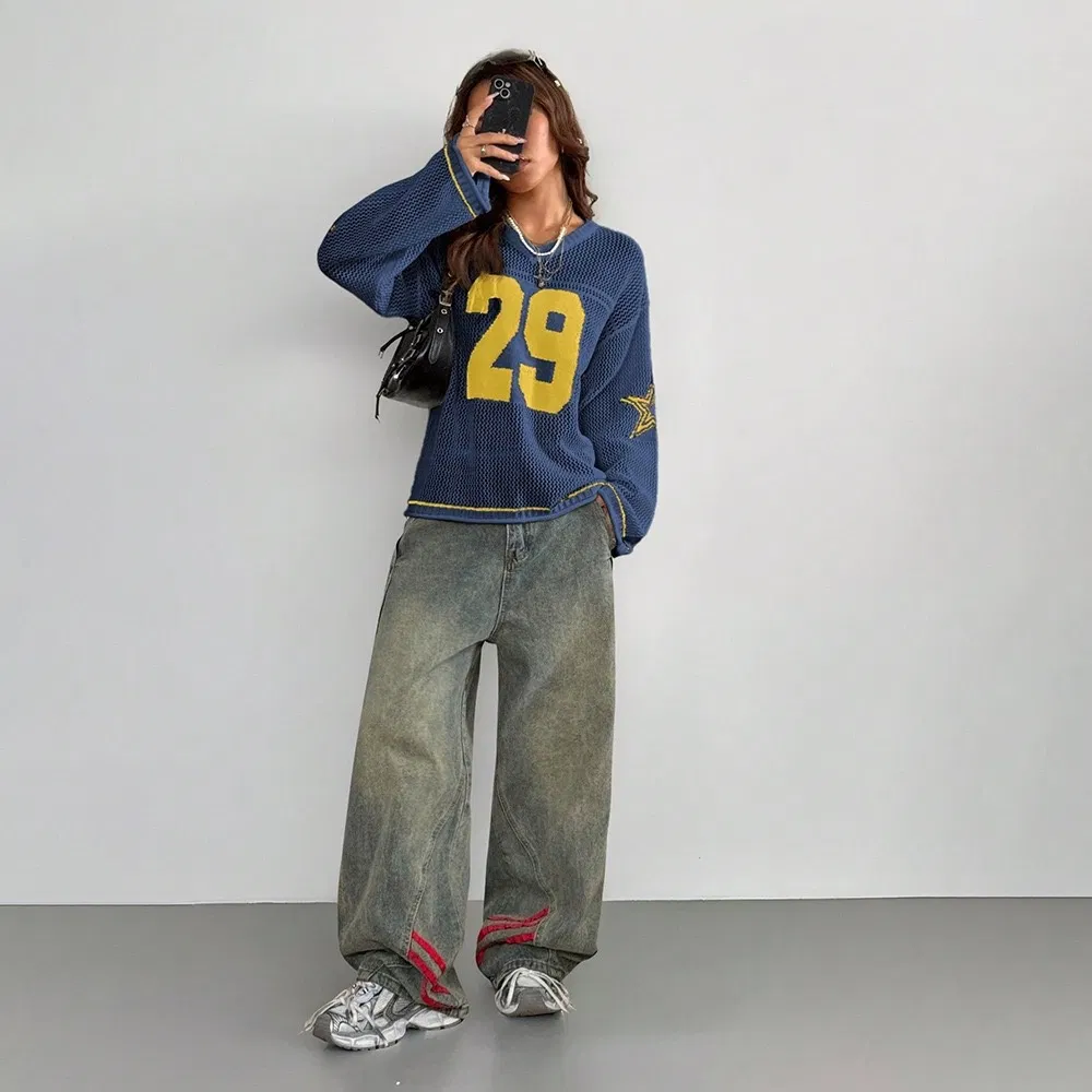 Fashion Dark Blue Jacquard Number Long Sleeve Summer Women's Crochet Knit Sweater