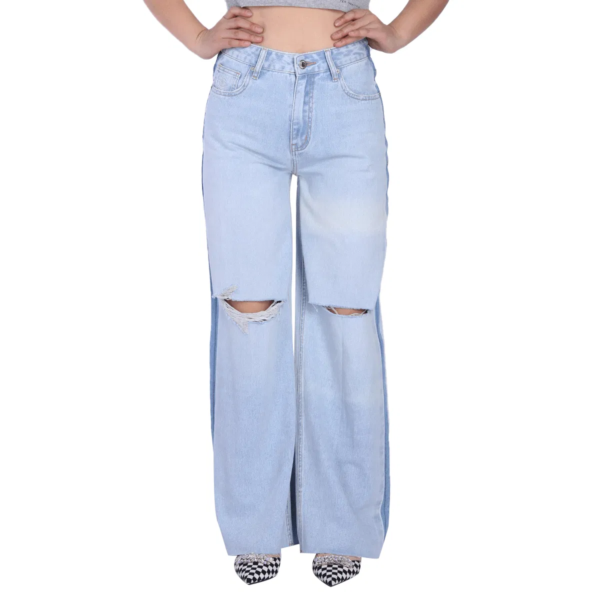 Custom Breathable Light Blue Straight Ripped Loose Raw Hem Mom Women Jeans