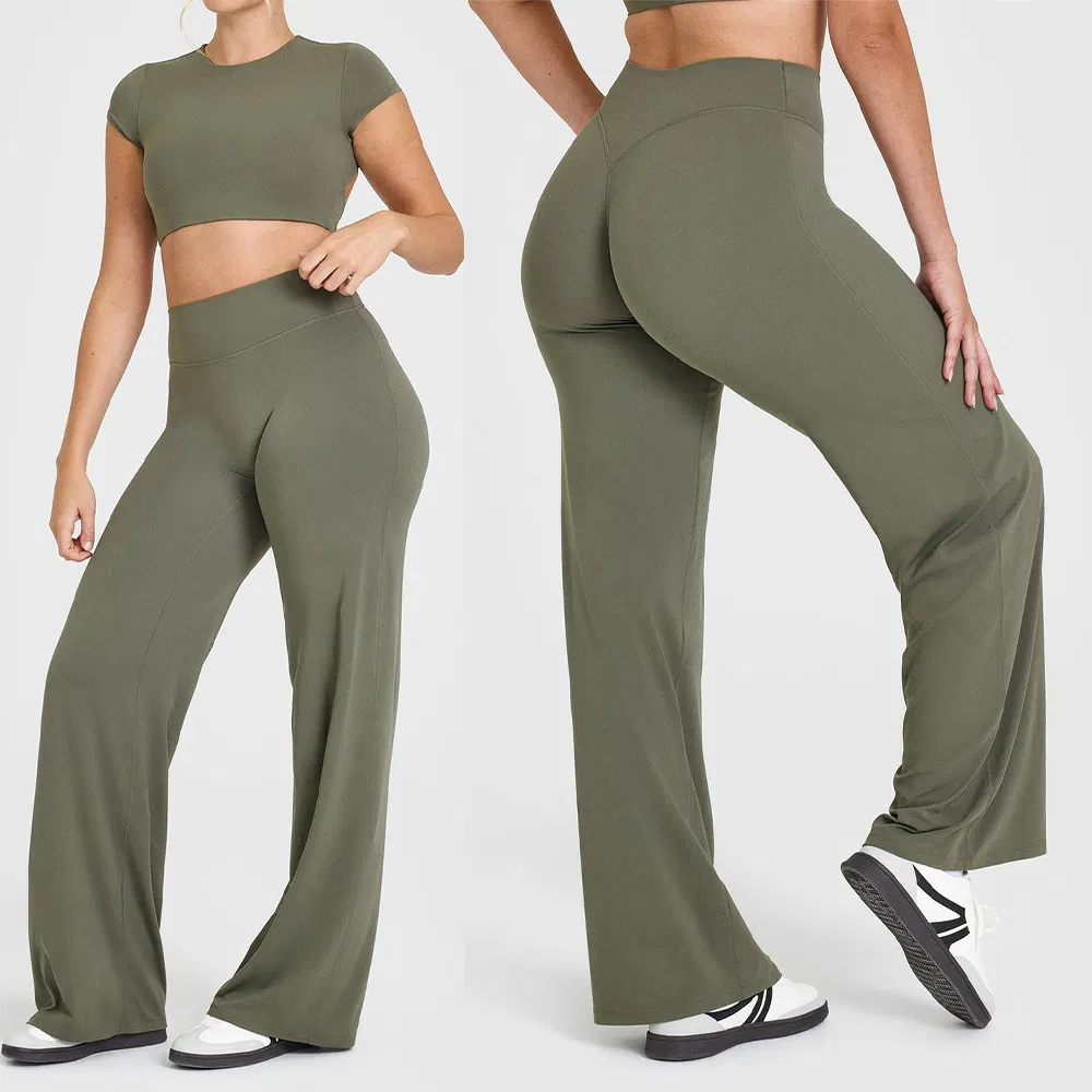 OEM Custom Logo Soft Stretchy High Waisted Workout Fitness Flared Leggings Straight Wide Leg Gym Yoga Pant for Women Plus Size Sportswear