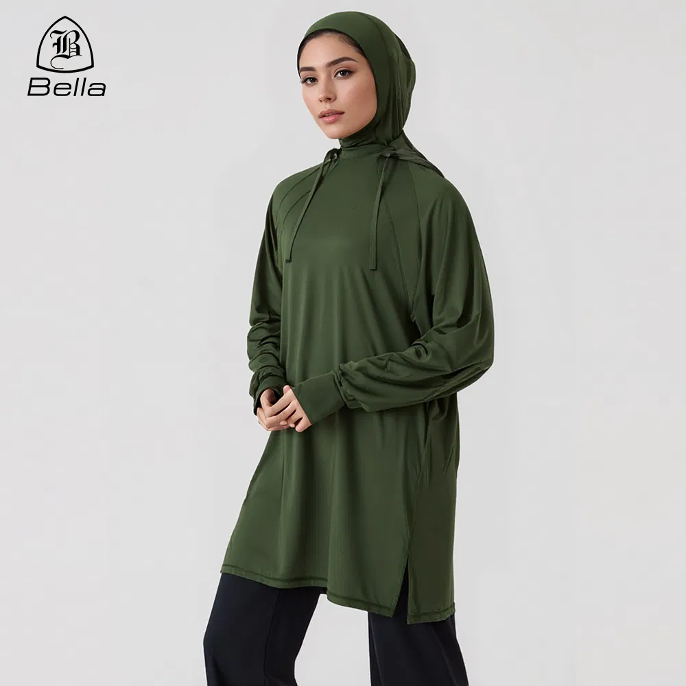Custom Hijab Gym Wear Fitness Clothing Modest Activewear for Muslim Women Long Sleeves Loose Pullover Hoodies Workout Tops