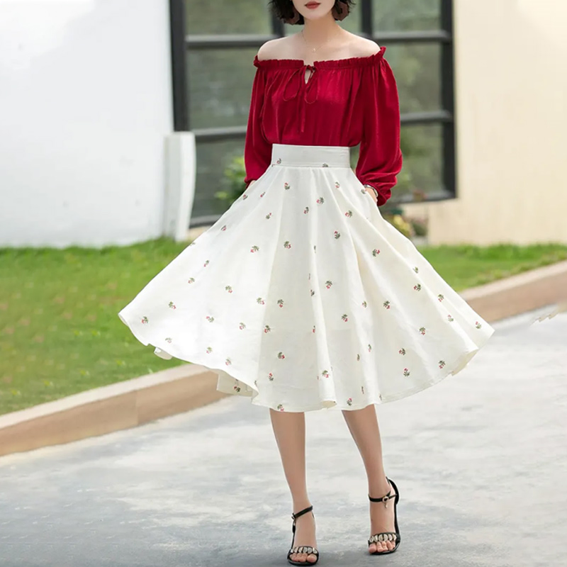 Stylish Women's High Waisted Floral Linen MIDI Skirt with Pockets