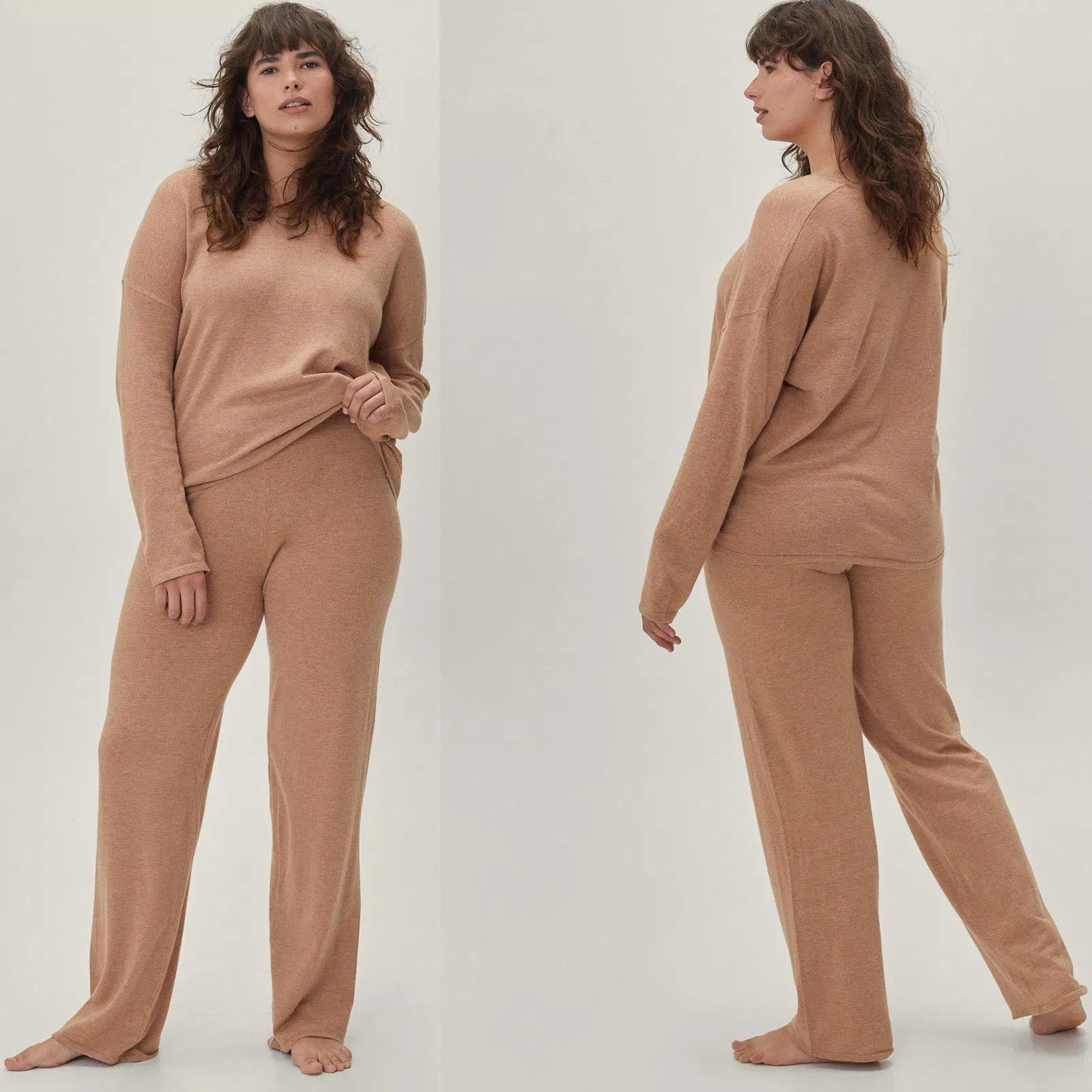 Manufacturer China Good Quality Ribbed Plus Size V Neck Relaxed Knitted Women Leisure Household Women Loungewear