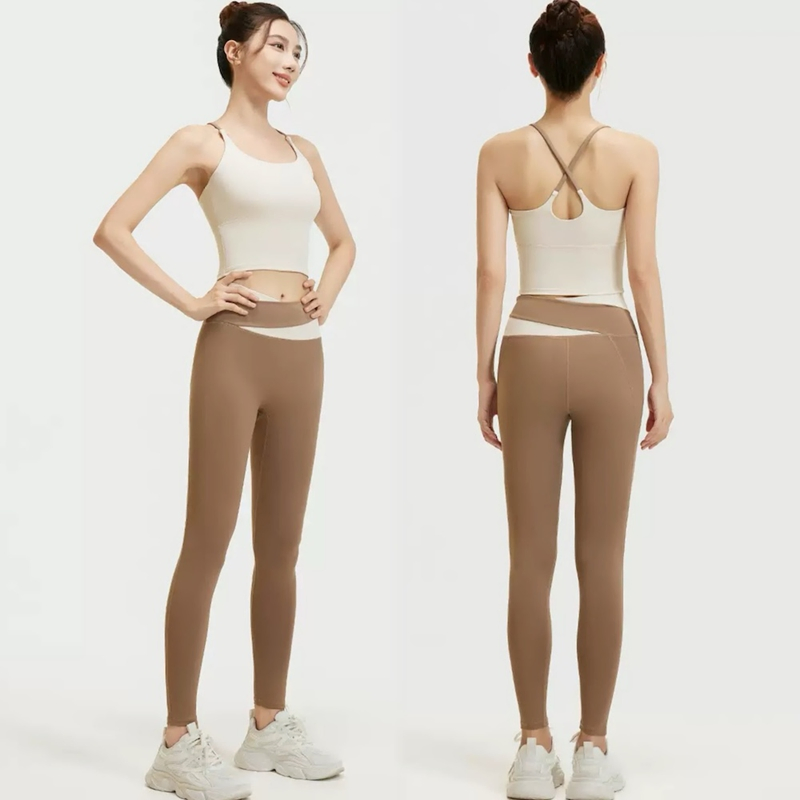 Hot Sale Patchwork 2 Pieces Fitness Clothing Suit Cross Back Tit Fit Vest + High Waist Workout Leggings Yoga Wear Set Women's Activewear