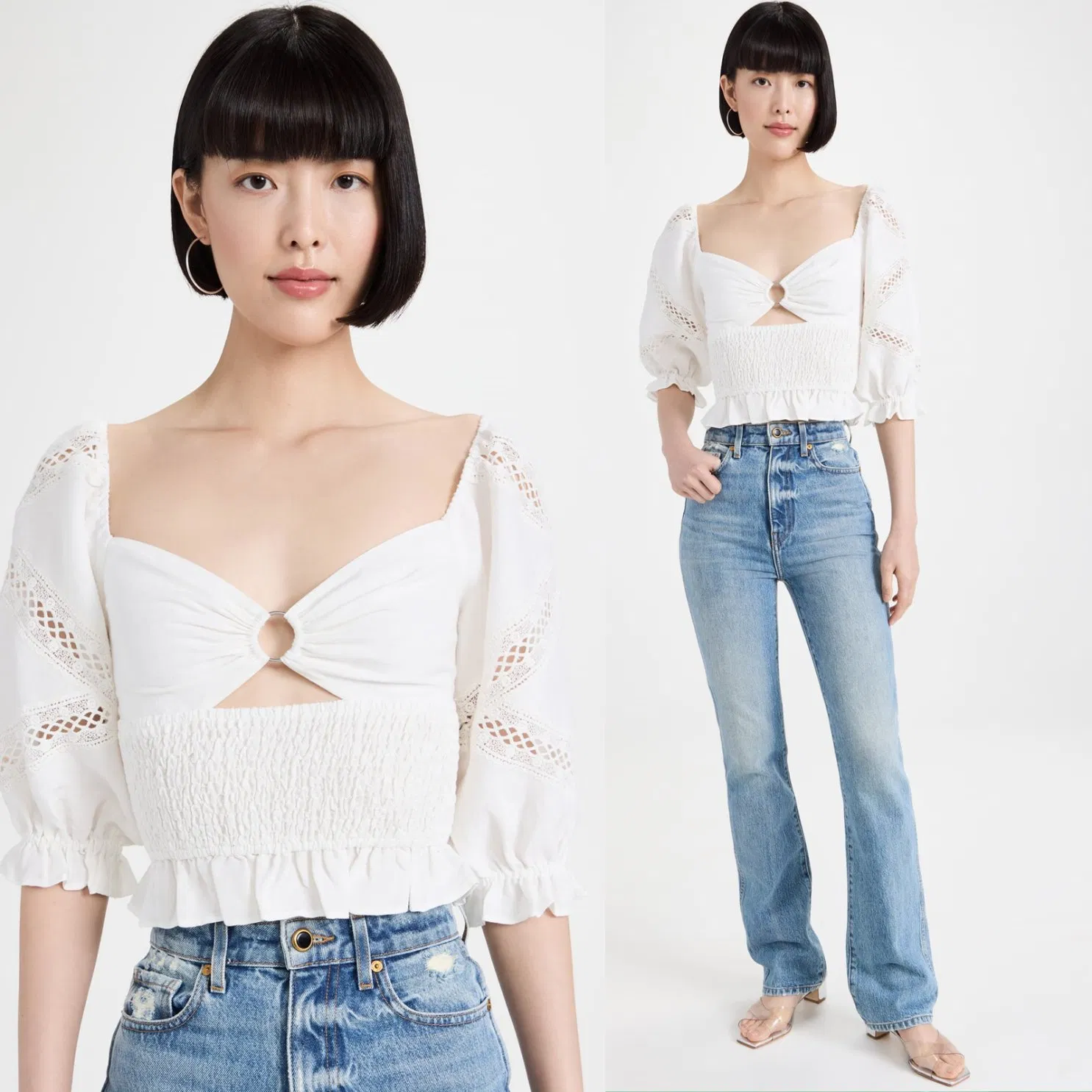 Sweetheart Neck OEM China New Design Apparel Factory Hot Selling Wholesale Fashion Summer Elegant Elbow Length Puff Sleeves Women Clothing Lady Blouses