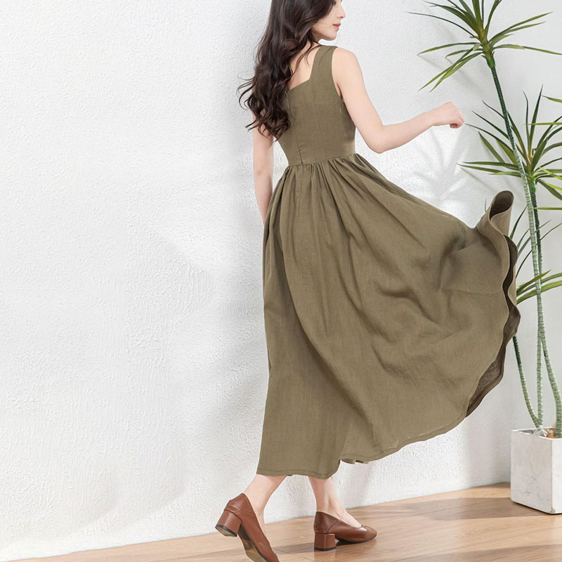 Trendy Women's Linen Maxi Dress with Unique Button Embellishments