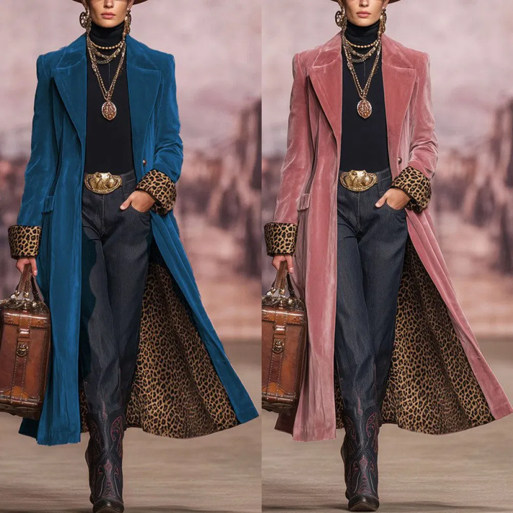 Stylish Women's Long Coat with Velvet Patchwork Design