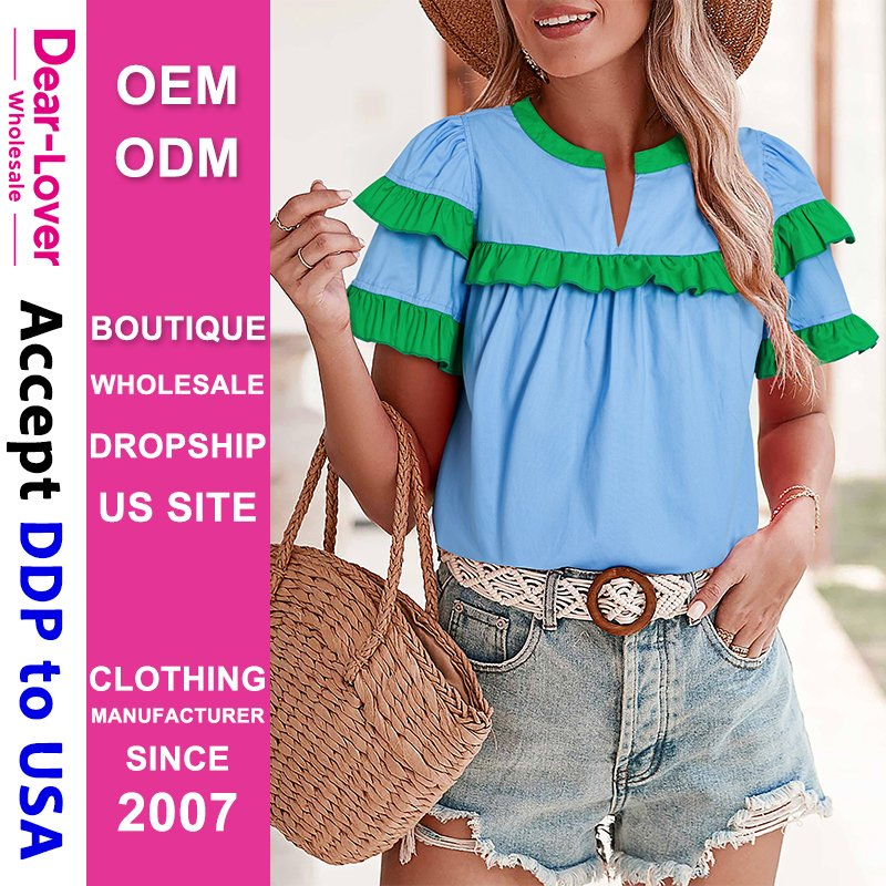 Dear-Lover Fashion Boutique Wholesaler Manufacturers Contrast Notched Neck Frilly Detail Fashion Knitted Women Cotton Blouse