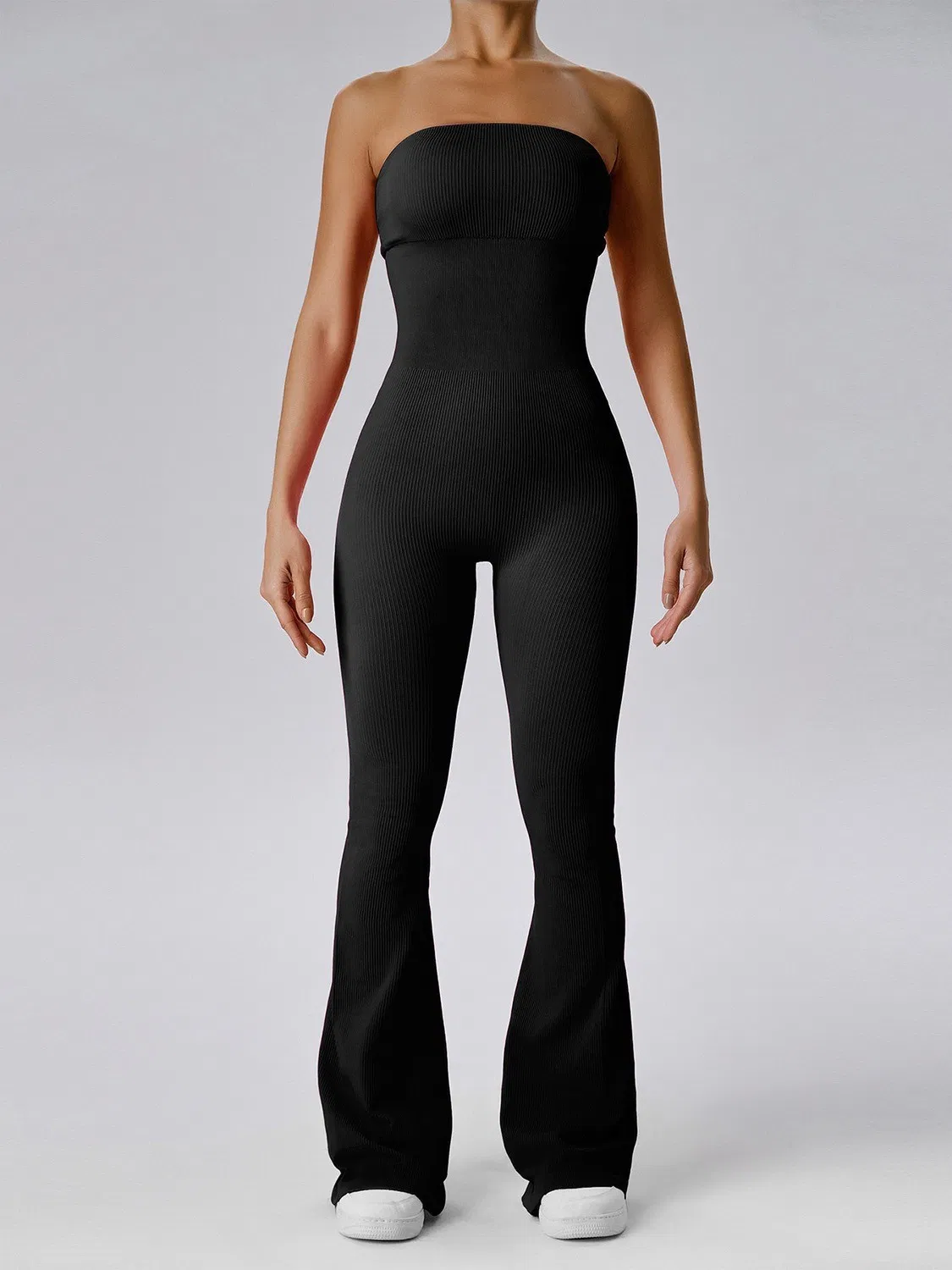 Women Solid Color Ribbed Thick Yoga Flare Bodysuit Lady Gym Overall Tube Top Female High Stretch Tight Sports Jumpsuit