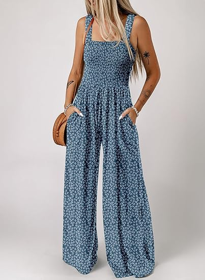 Women's Summer Floral Print Jumpsuit Sleeveless Spaghetti Strap Wide Leg Loose Casual Jumpsuit with Pockets