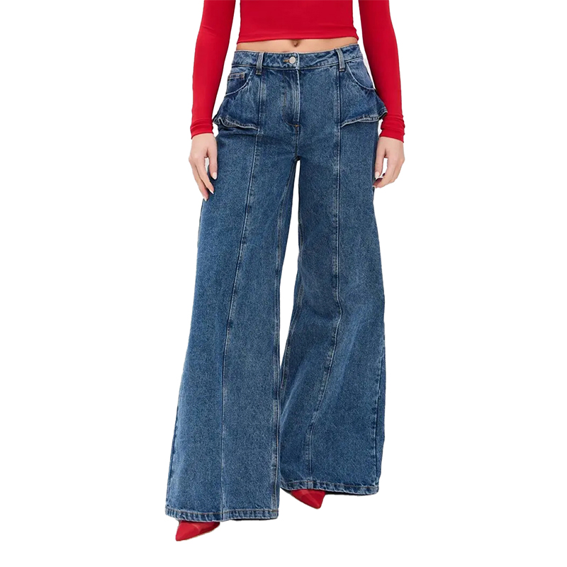 Jeans Factory Wholesale Women Blue Wide Leg Jeans with Ruffle Mini Skirts Jeans