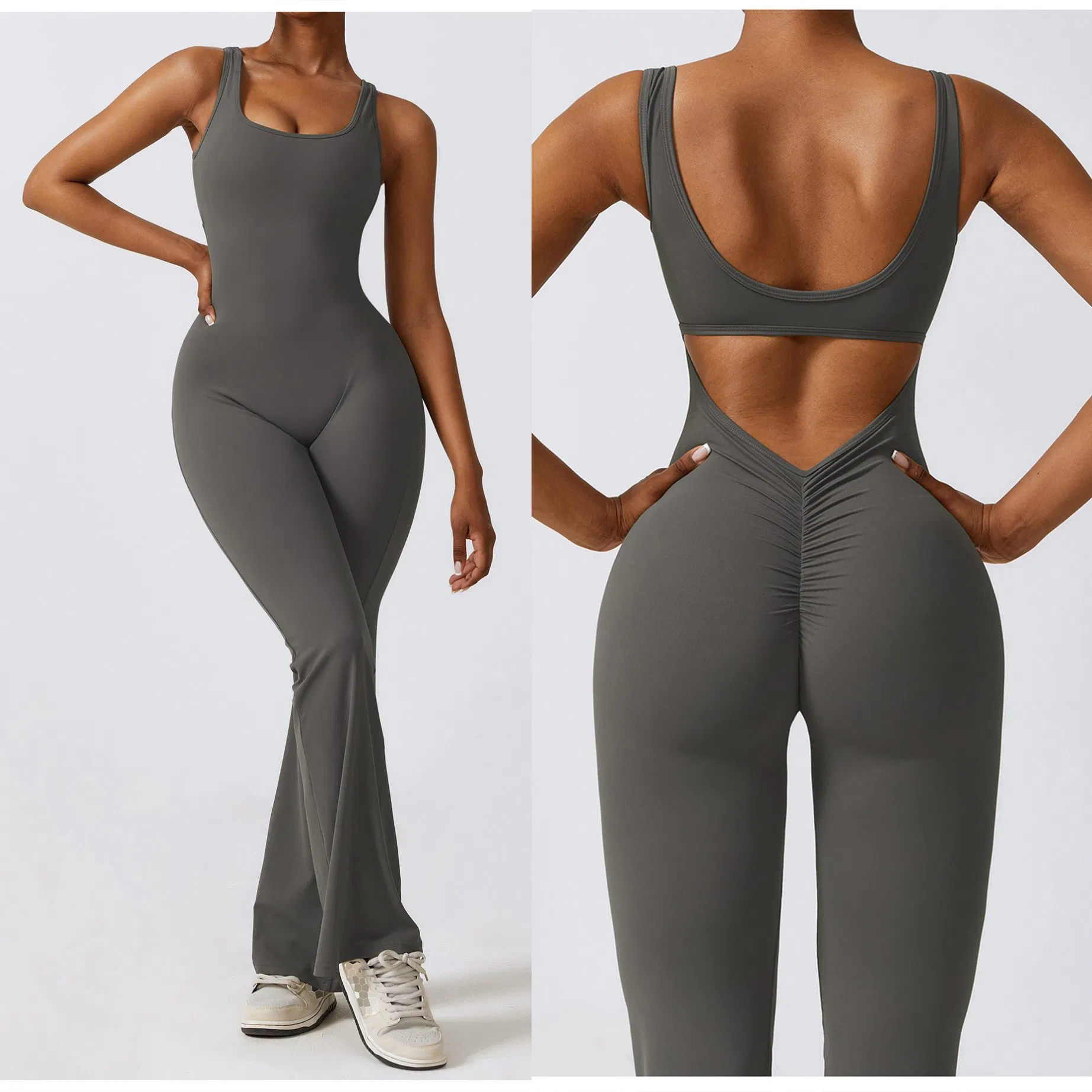 Wholesale Women's Sexy Scoop Neck One Piece Stretchy Sleeveless Backless Bodycon Flared Wide Leg Jumpsuits Scrunch Butt Lifting Rompers Yoga Fitness Playsuit