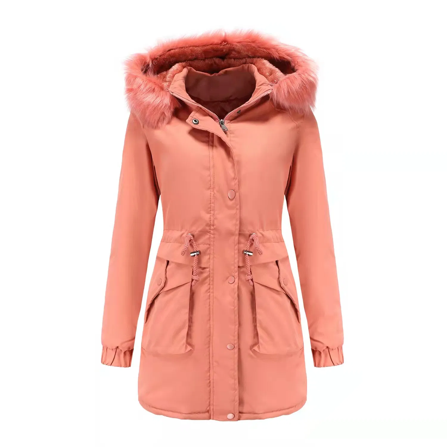 Winter Fleece Lined Women′ S Puffer Long Coats with Fur Hoody