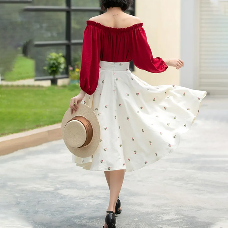 Stylish Women's High Waisted Floral Linen MIDI Skirt with Pockets