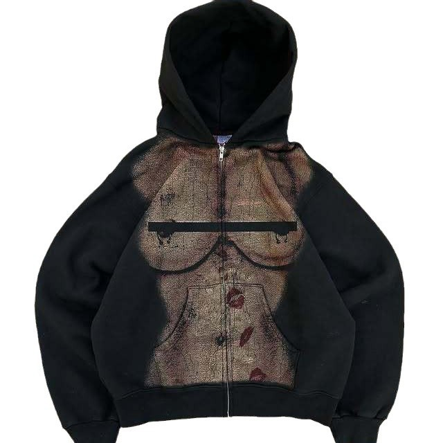 American Hoodie Autumn and Winter Slim Hooded Zipper Street Trend Black Thin Fashion Men and Women with The Same