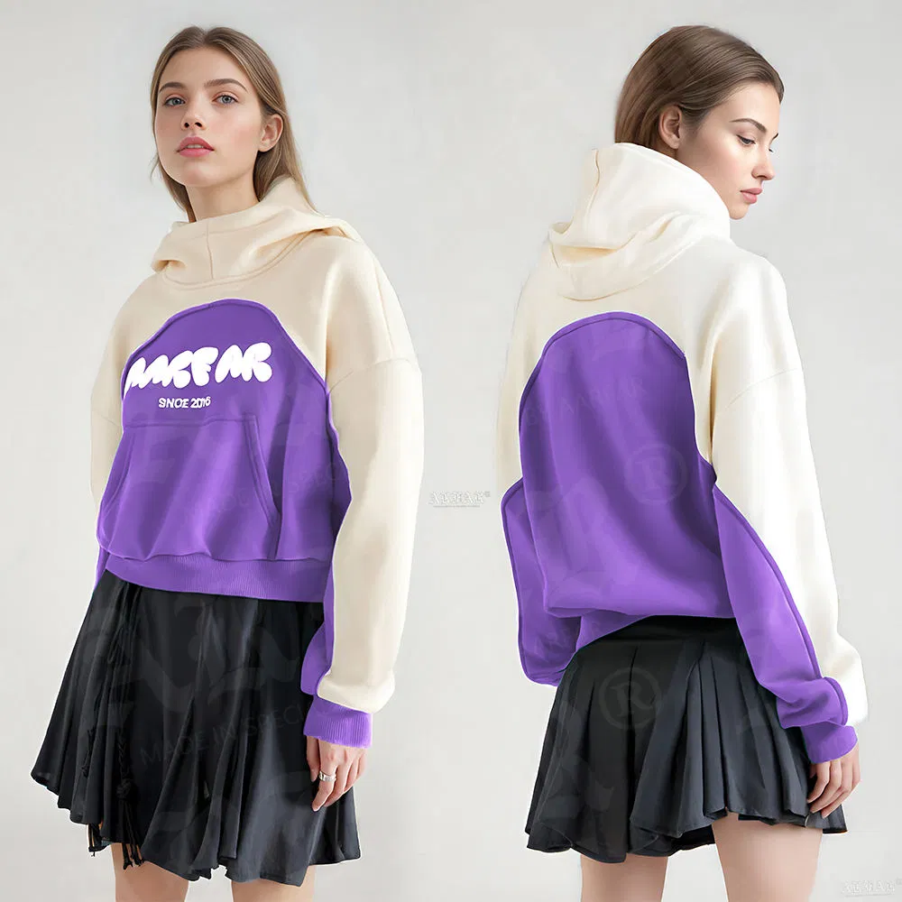 Custom Women's Home Wear New Arrivals 100% Cotton Embroidery Heavyweight Color Block Hoodie Loungewear Pullover Wholesale