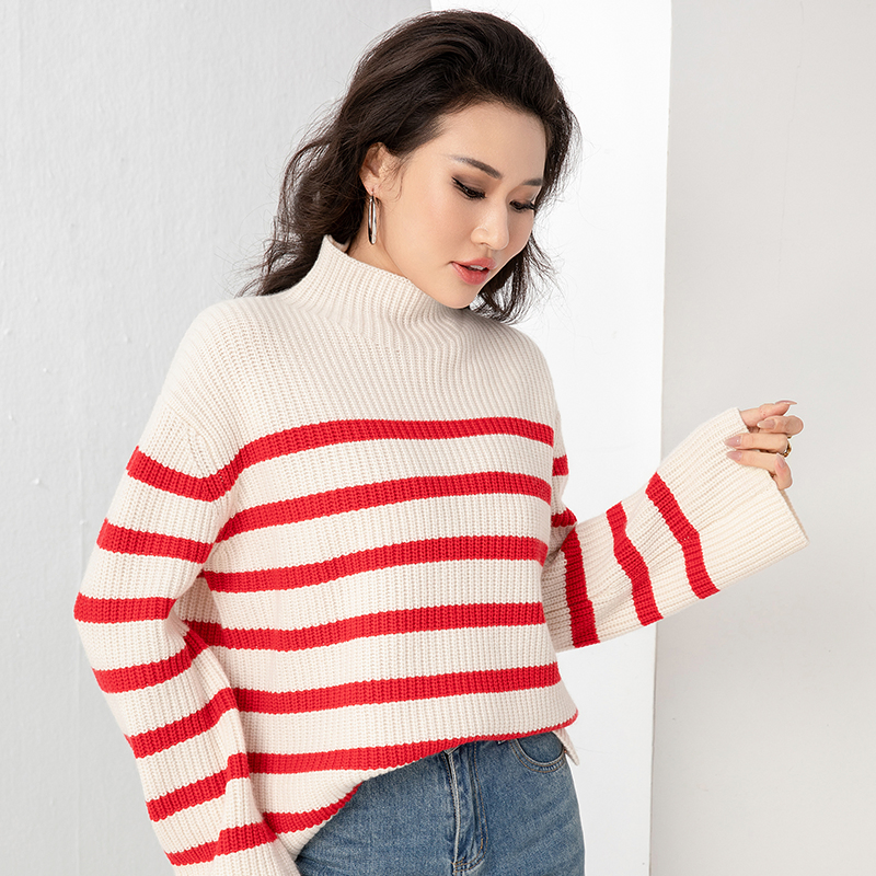 Wholesale Long Sleeve Turtleneck Jumper Luxury Striped Pattern Knitwear Women Wool Sweater for Winter