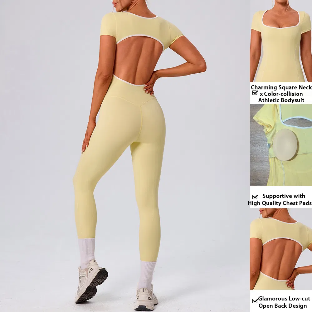 New American and European Style Backless Short Sleeve Pole Dance Yoga Unitard Square Neck Stretch Contrast Gym Workout Jumpsuit with Bra for Women