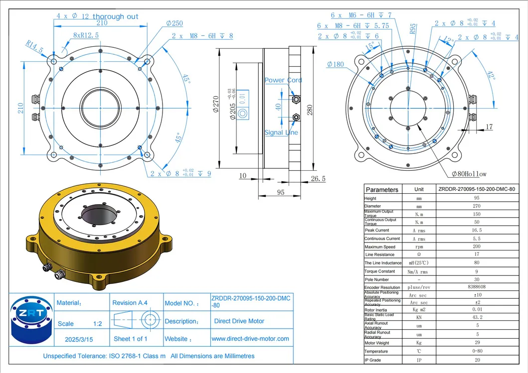 Motor de accionamiento directo de alta precisión personalizado para equipos de automatización Modelo: Zrdddddr-270095-150-200-DMC-80