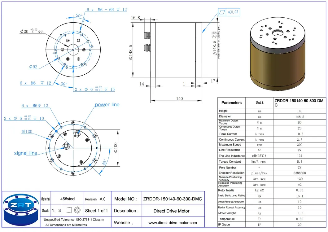 Plano técnico y dibujo dimensional del motor rotativo DDR