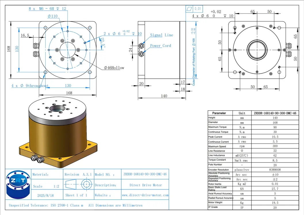 Motor Directo Automatizado Personalizable de Alta Precisión y Hueco Modelo: Zrddr-168140-90-300-DMC-46