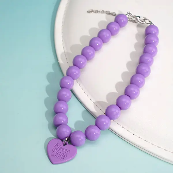 OEM Wholesale Macaron Beaded Pet Collar – 28cm + 5cm Adjustable Extension | 12mm Beads & 23mm Heart Pendant for Cats & Small Dogs