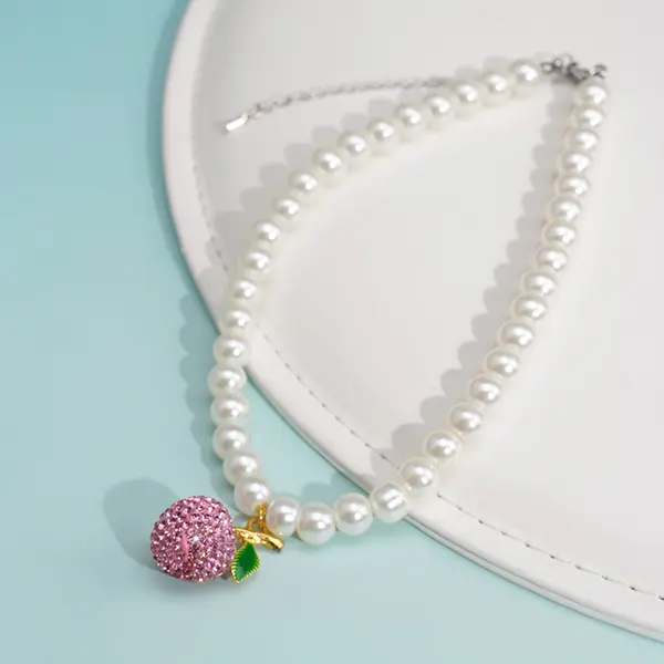 OEM Wholesale Rhinestone Beaded Pet Necklace – 30+7 cm Adjustable | Fruit Pendant Design for Cats & Small Dogs