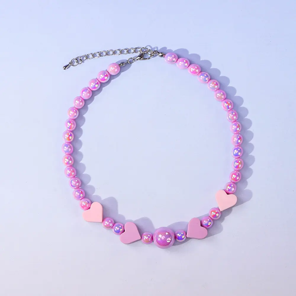 Discount Valentine’s Day Beaded Pet Necklace (Linked Style), Purple 8mm Acrylic Beads with Silicone Heart Charms, Adjustable 30+5cm – 3 Color Variants Supplier, Exporters