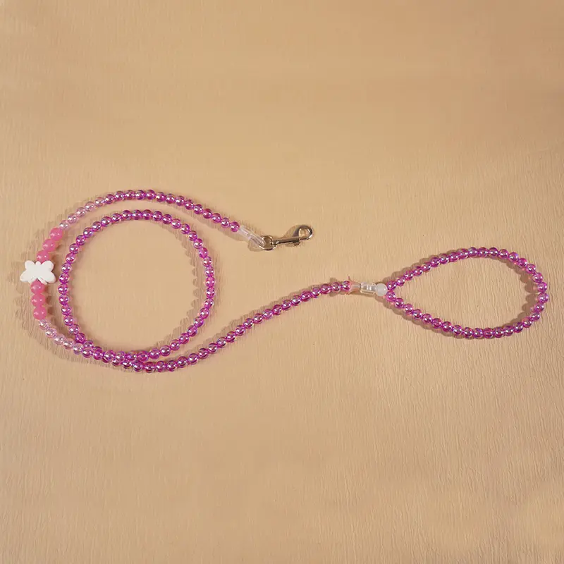 Custom Glow-in-the-Dark Beaded Pet Leash with Butterfly Charm – 130cm Acrylic Beads & Silicone Letters Manufacturers, Factories