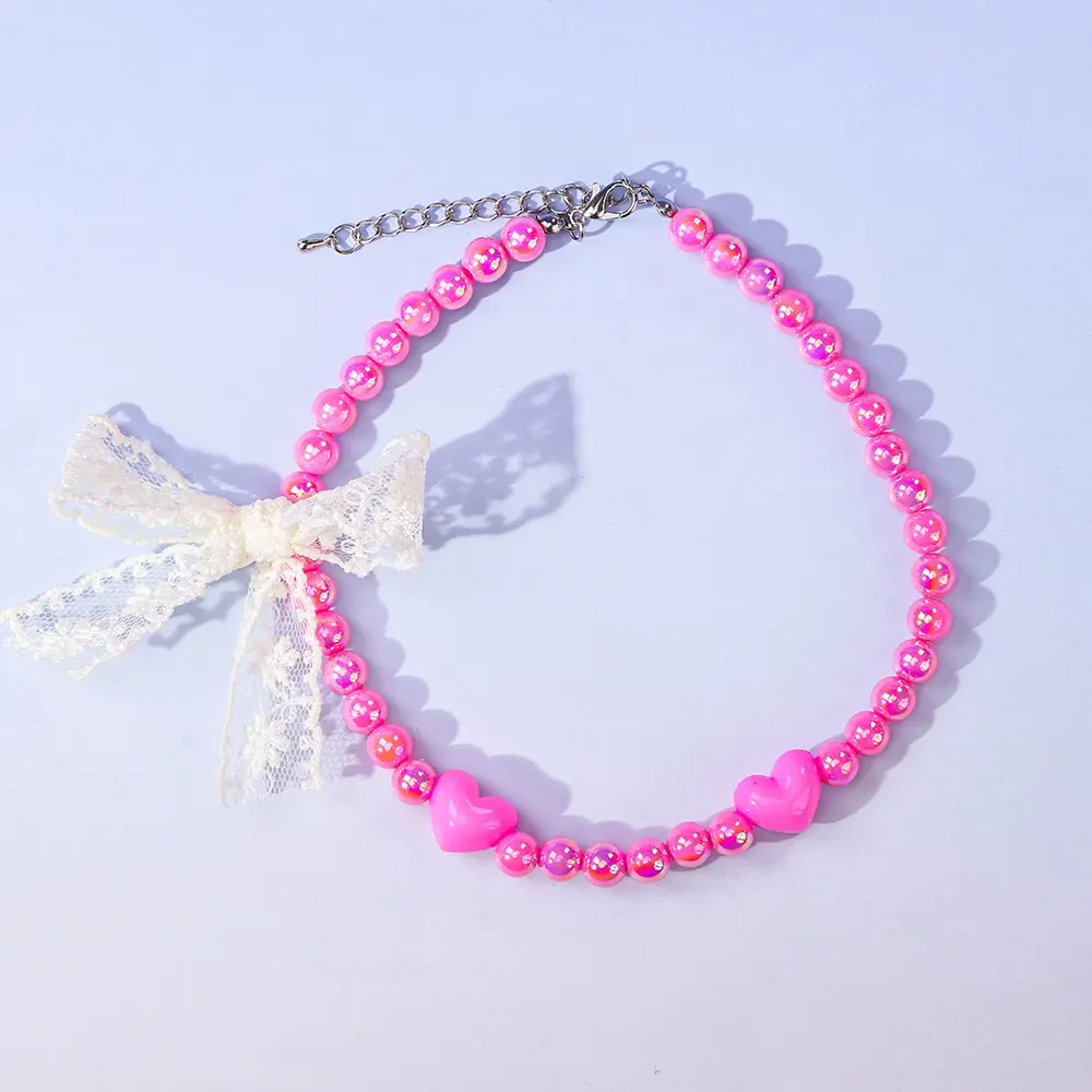 ODM Valentine's Day Beaded Pet Necklace, Pink 8mm Acrylic Beads with Pink Heart & White Lace Bowknot (30+5cm / 35±5cm) Factories, Exporter