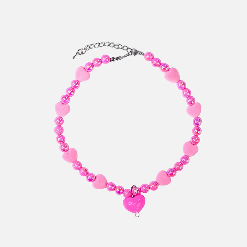 OEM Valentine’s Day Beaded Pet Necklace (Linked Style), 8mm Color-Plated Acrylic Beads with Flocking Heart Charm, Adjustable 30+5cm – 4 Color Variants Supplier, Exporters