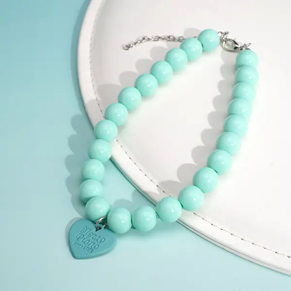 OEM Wholesale Macaron Beaded Pet Collar – 28cm + 5cm Adjustable Extension | 12mm Beads & 23mm Heart Pendant for Cats & Small Dogs