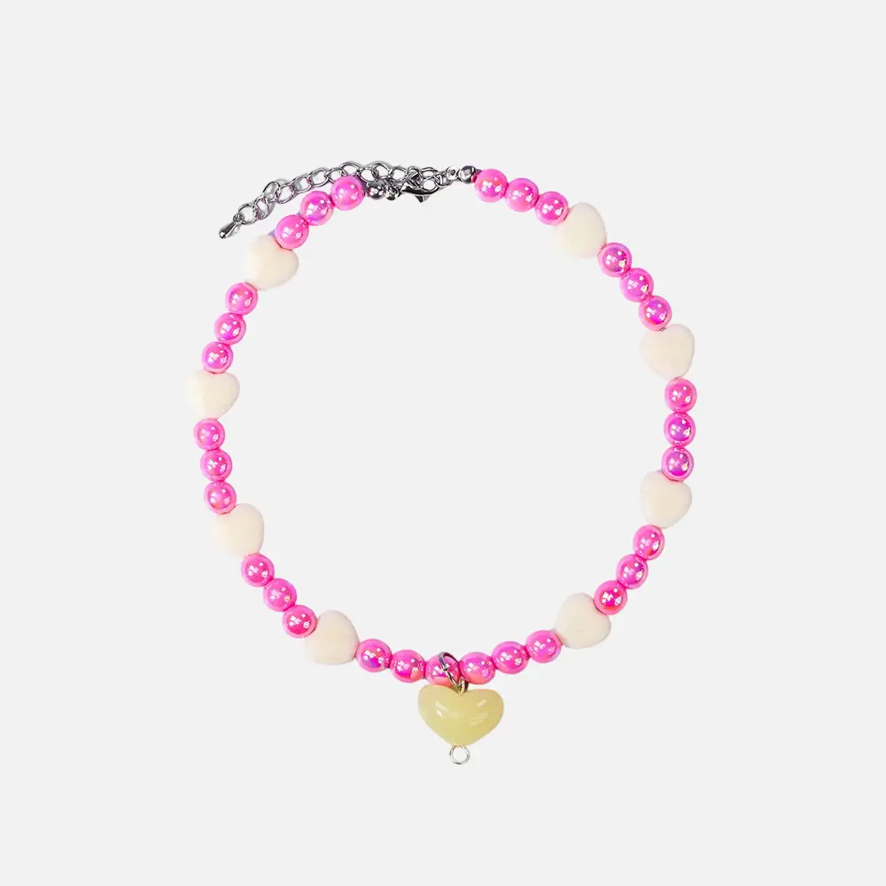 OEM Valentine’s Day Beaded Pet Necklace (Linked Style), 8mm Color-Plated Acrylic Beads with Flocking Heart Charm, Adjustable 30+5cm – 4 Color Variants Supplier, Exporters