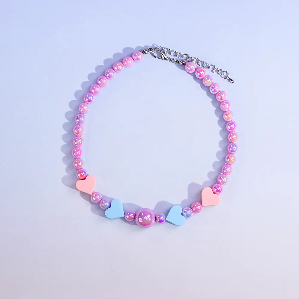 Discount Valentine’s Day Beaded Pet Necklace (Linked Style), Purple 8mm Acrylic Beads with Silicone Heart Charms, Adjustable 30+5cm – 3 Color Variants Supplier, Exporters