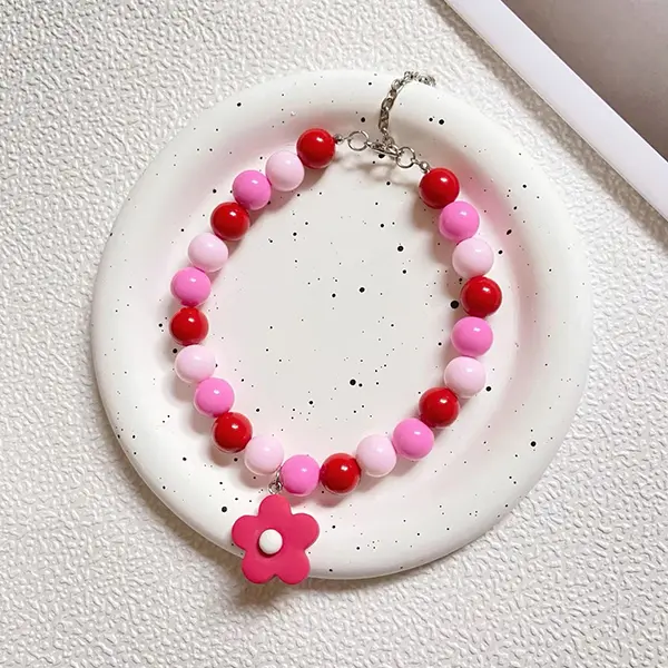 OEM Wholesale Macaron Beaded Pet Collar 12mm Round Beads with 23mm Floral Pendant for Cats & Small Dogs