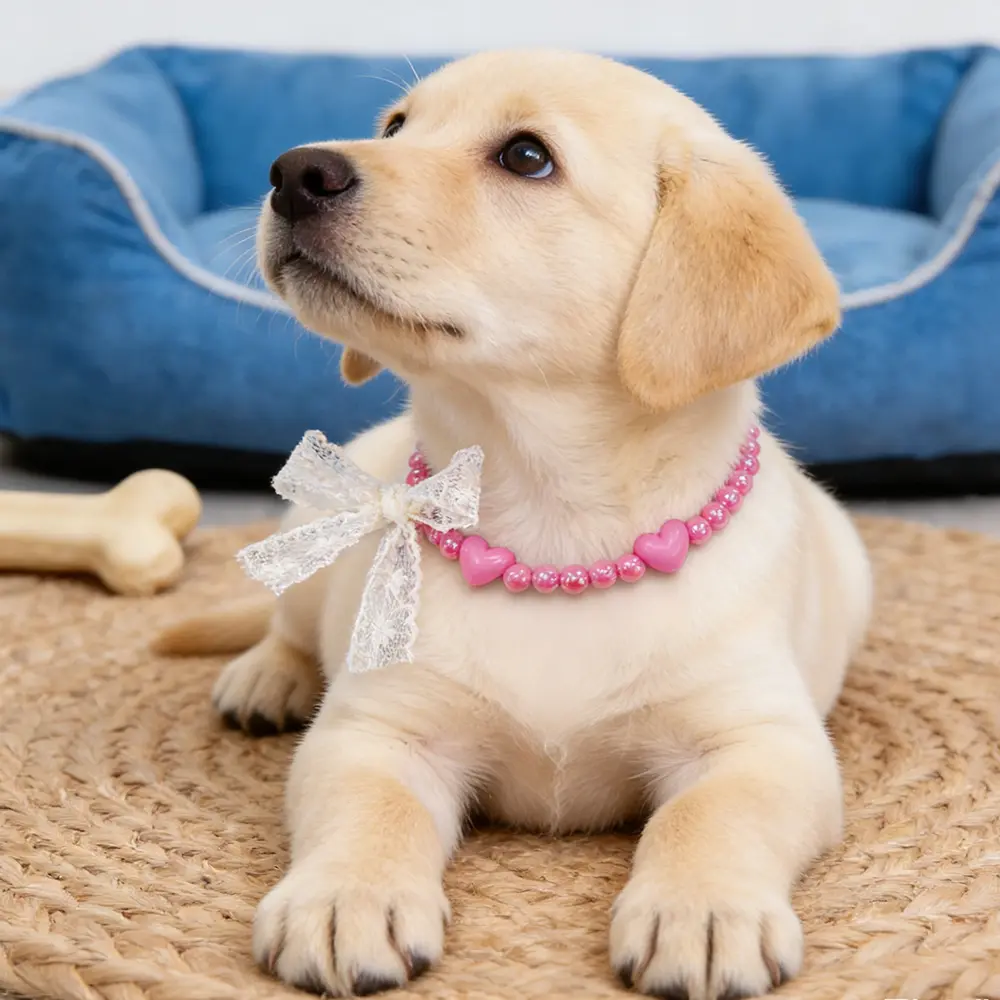 ODM Valentine's Day Beaded Pet Necklace, Pink 8mm Acrylic Beads with Pink Heart & White Lace Bowknot (30+5cm / 35±5cm) Factories, Exporter
