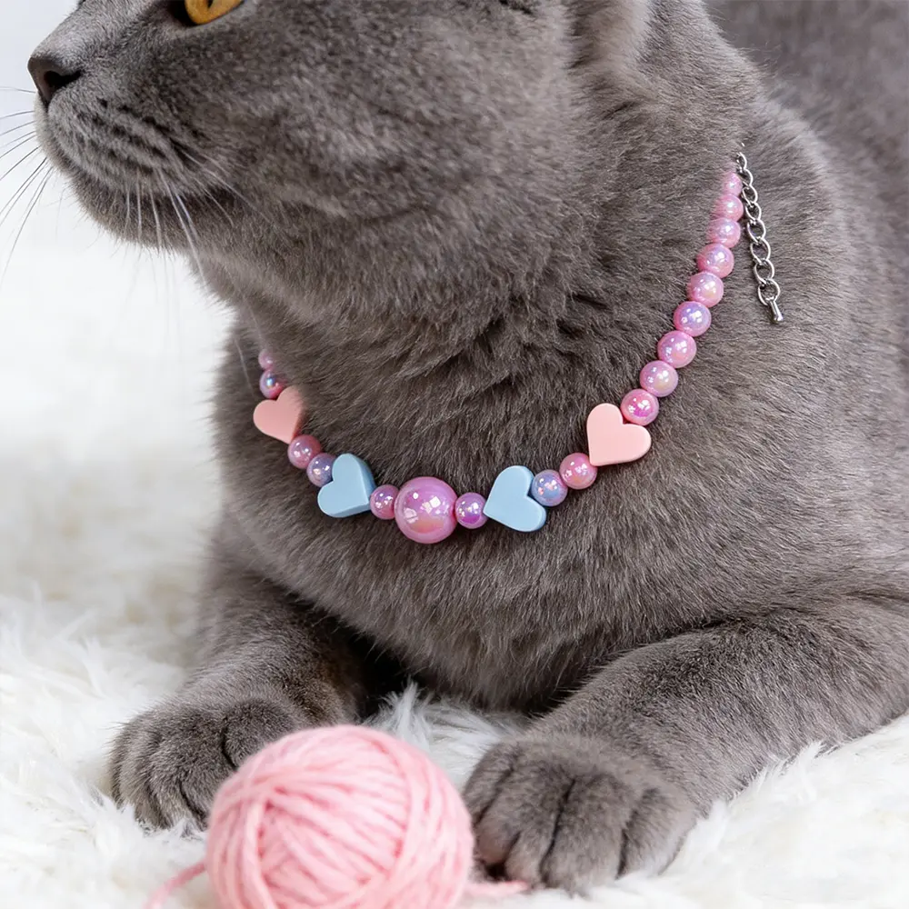 Discount Valentine’s Day Beaded Pet Necklace (Linked Style), Purple 8mm Acrylic Beads with Silicone Heart Charms, Adjustable 30+5cm – 3 Color Variants Supplier, Exporters