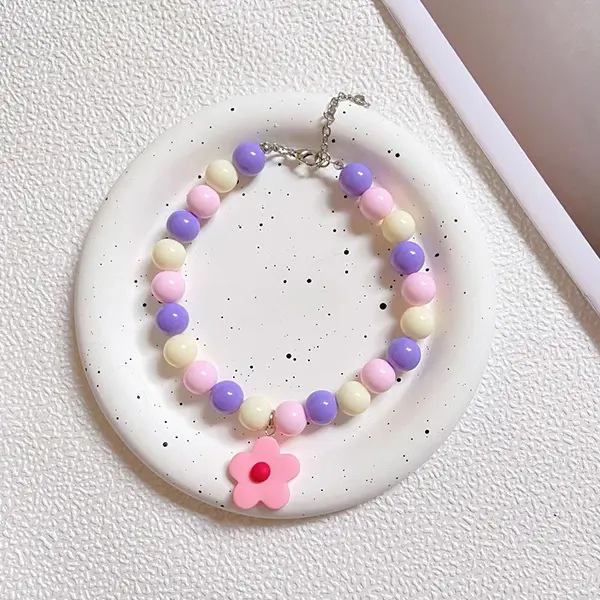 OEM Wholesale Macaron Beaded Pet Collar 12mm Round Beads with 23mm Floral Pendant for Cats & Small Dogs