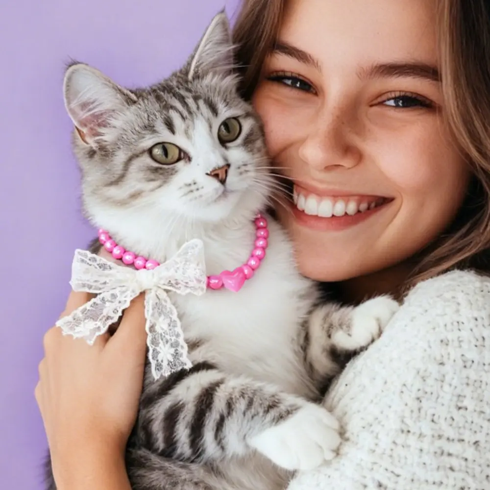 ODM Valentine's Day Beaded Pet Necklace, Pink 8mm Acrylic Beads with Pink Heart & White Lace Bowknot (30+5cm / 35±5cm) Factories, Exporter