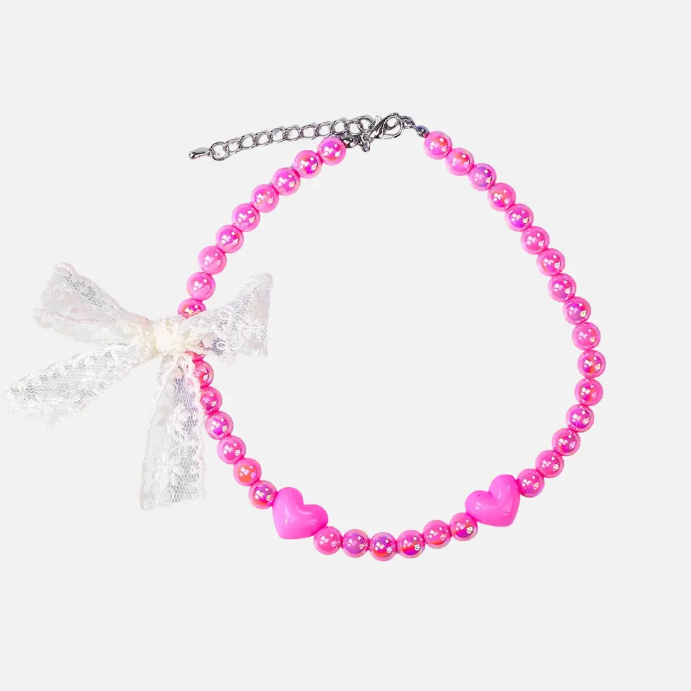 ODM Valentine's Day Beaded Pet Necklace, Pink 8mm Acrylic Beads with Pink Heart & White Lace Bowknot (30+5cm / 35±5cm) Factories, Exporter